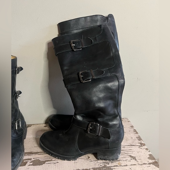 Karl Lagerfeld Black Leather Knee-High Riding Boots with Buckles - Picture 3 of 8